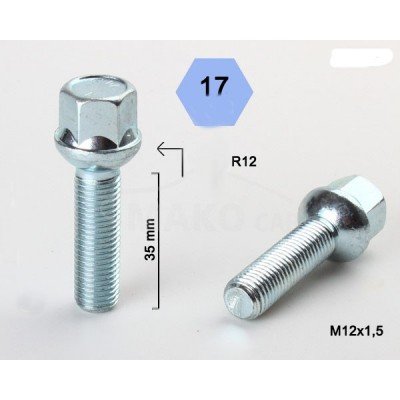 Wheel bolt M12x1.5x35 Ball seat H17 Silver R12